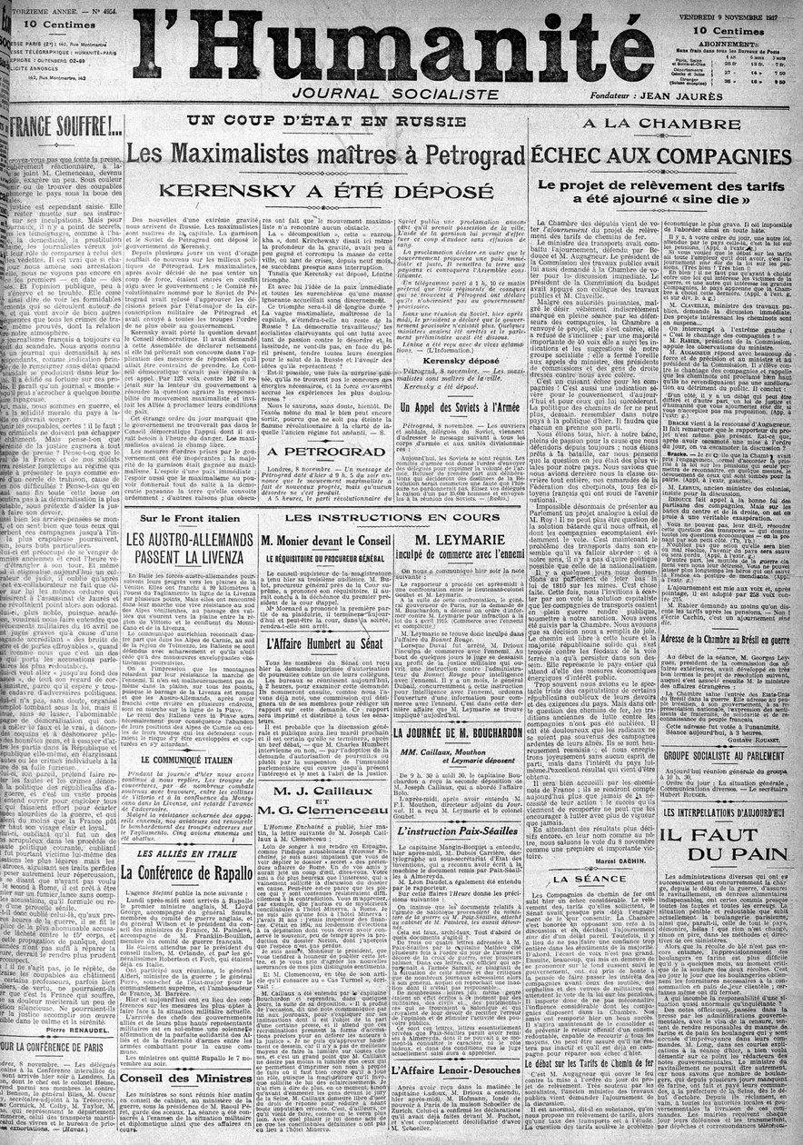 El golpe en Rusia en los titulares del periódico socialista “Humanidad”. Titulares: “Los Máximos Maestros en Petrogrado”, “Kerensky fue depuesto” (Kerenski), 9/11/1917 de Anonymous Anonymous