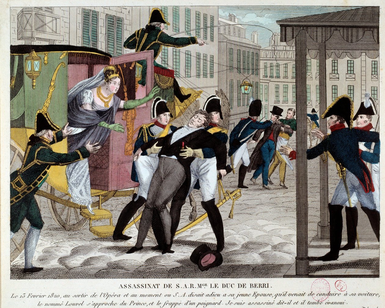 La muerte de Carlos Fernando de Borbón, Duque de Berry (1778-1820) el 13/02/1820 a la salida de la Real Academia de Música. El sobrino del Rey Luis XVIII fue asesinado en la Ópera por Louvel, un republicano que quería acabar con la dinastía real. Grabado de Anonymous Anonymous