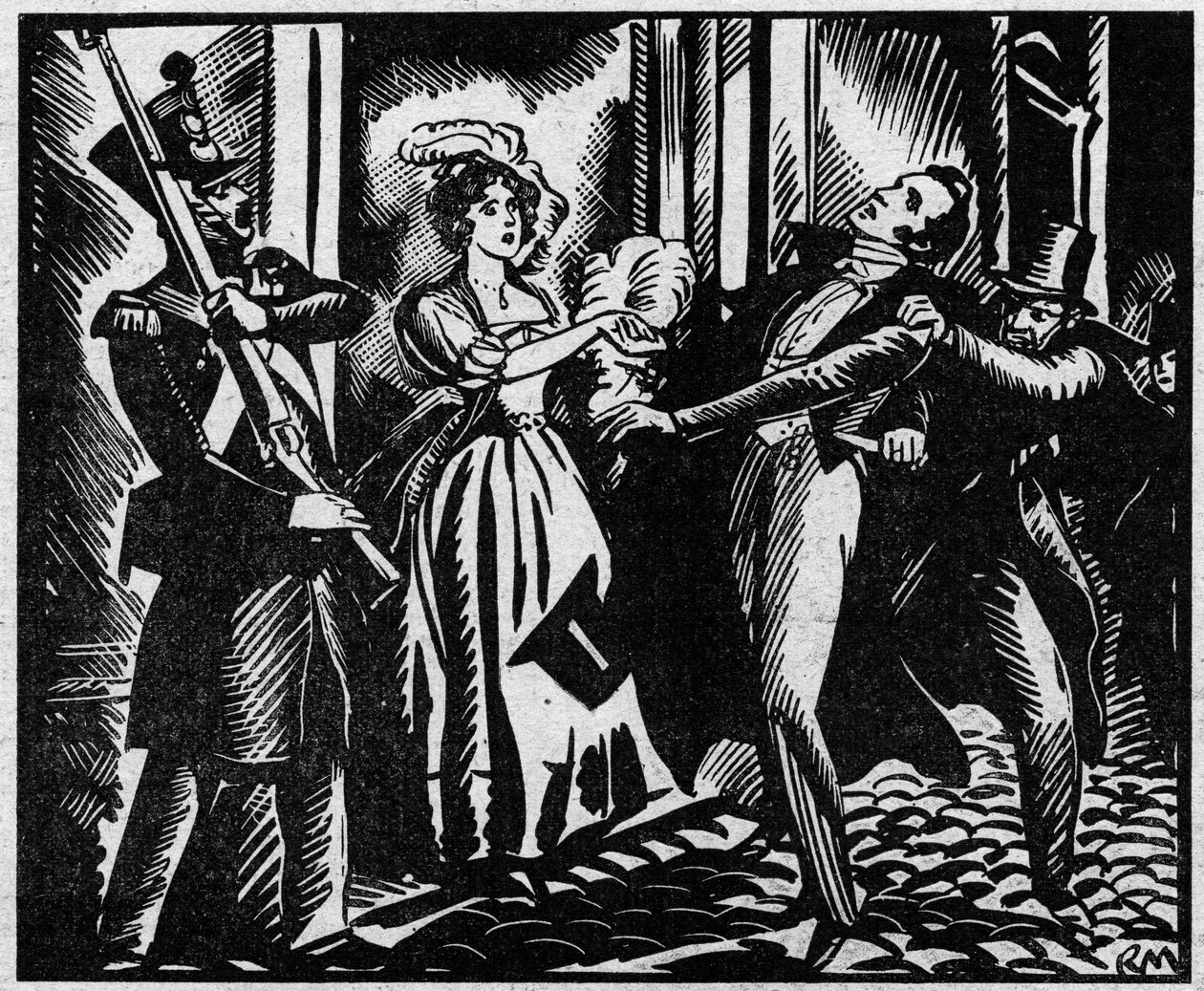La muerte del Duque de Berry (1778-1820) el 13/02/1820 en la Real Academia de Música. El sobrino del Rey Luis XVIII es asesinado en la Ópera por Louvel, un republicano que quiere extinguir la dinastía real. Ilustración tomada de “Le petit journal illustr de Anonymous Anonymous