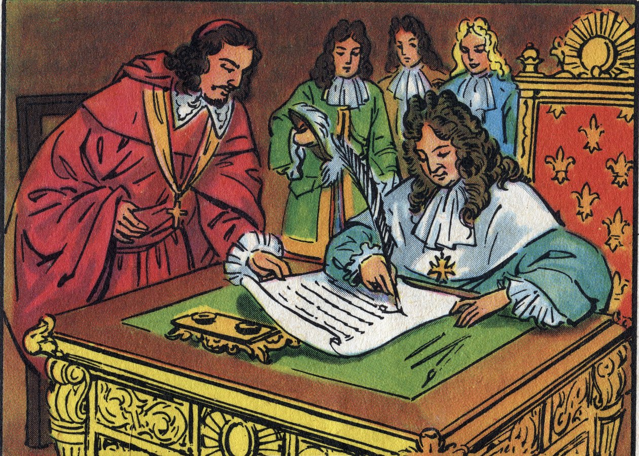 El edicto de Fontainebleau, firmado por Luis XIV el 18 de octubre de 1685, revocó el edicto de Nantes otorgado por Enrique IV en 1598. Ilustración anónima en “Collection des souverains et chefs d