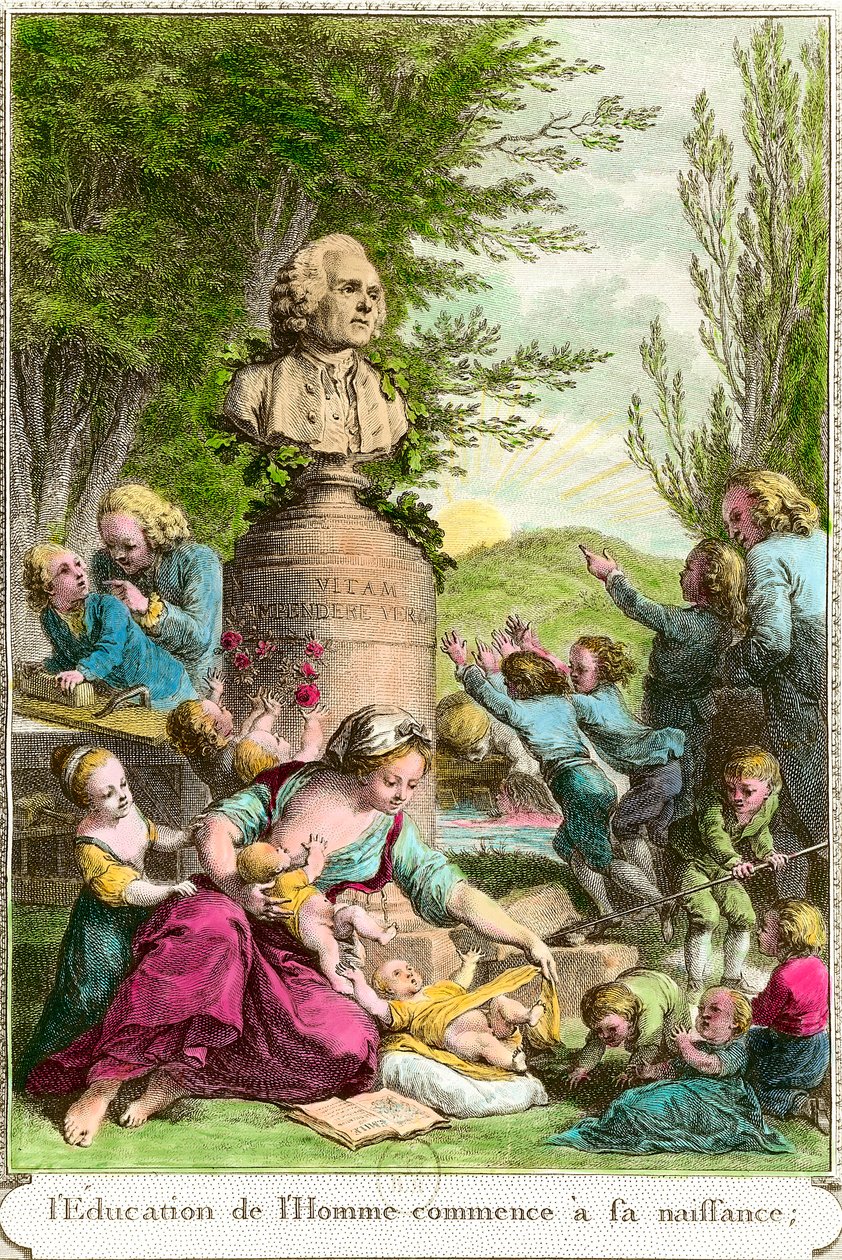 La educación del hombre comienza en su nacimiento: madres con sus hijos, junto a un busto en homenaje al filósofo suizo Jean Jacques Rousseau (1712-1778). Grabado del siglo XVIII Colección privada de Anonymous Anonymous