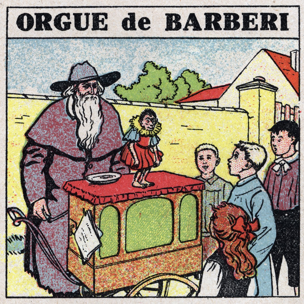 Los efectos de la música: un organillero y un mono entretienen a los niños en una calle. Ilustración anónima de 1925. Colección privada. de Anonymous Anonymous