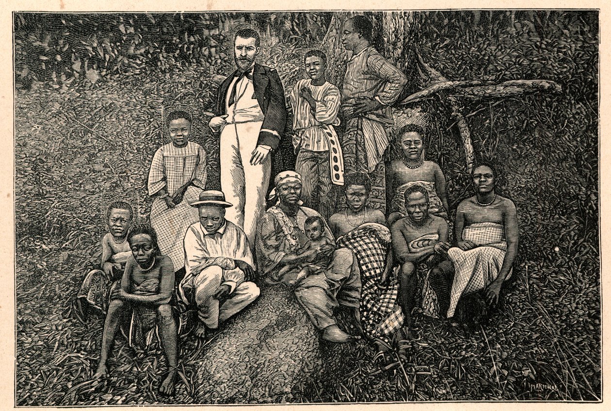 El explorador Pierre Savorgnan de Brazza (1852-1905) y un grupo de indígenas del Vicariato Apostólico de las Dos Guineas en Gabón. Grabado en “Les Missions Catholiques au XIXeme Siecle” de Louis-Eugene Louvet. Colección privada. de Anonymous Anonymous