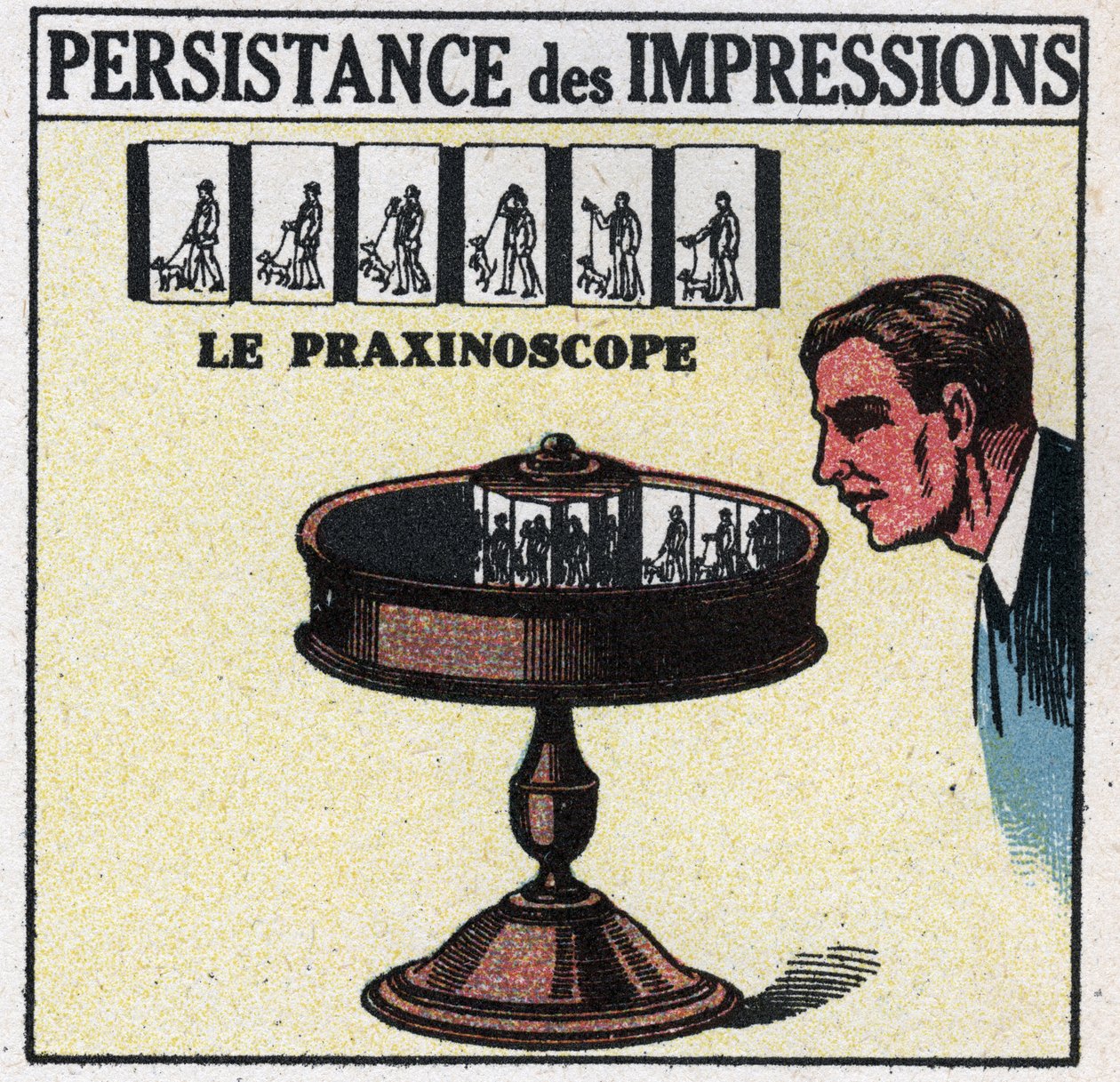 El ojo: persistencia de las impresiones. El praxinoscopio. Ilustración anónima de 1925. Colección privada. de Anonymous Anonymous