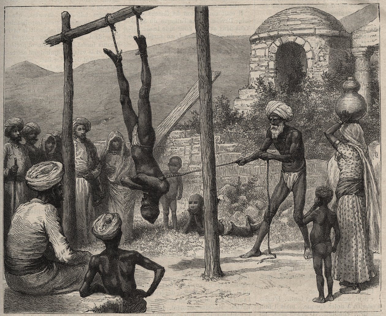 El faquir en India - Los faquires en India - colgado por los pies en una barra de madera - grabado de 1892 en 