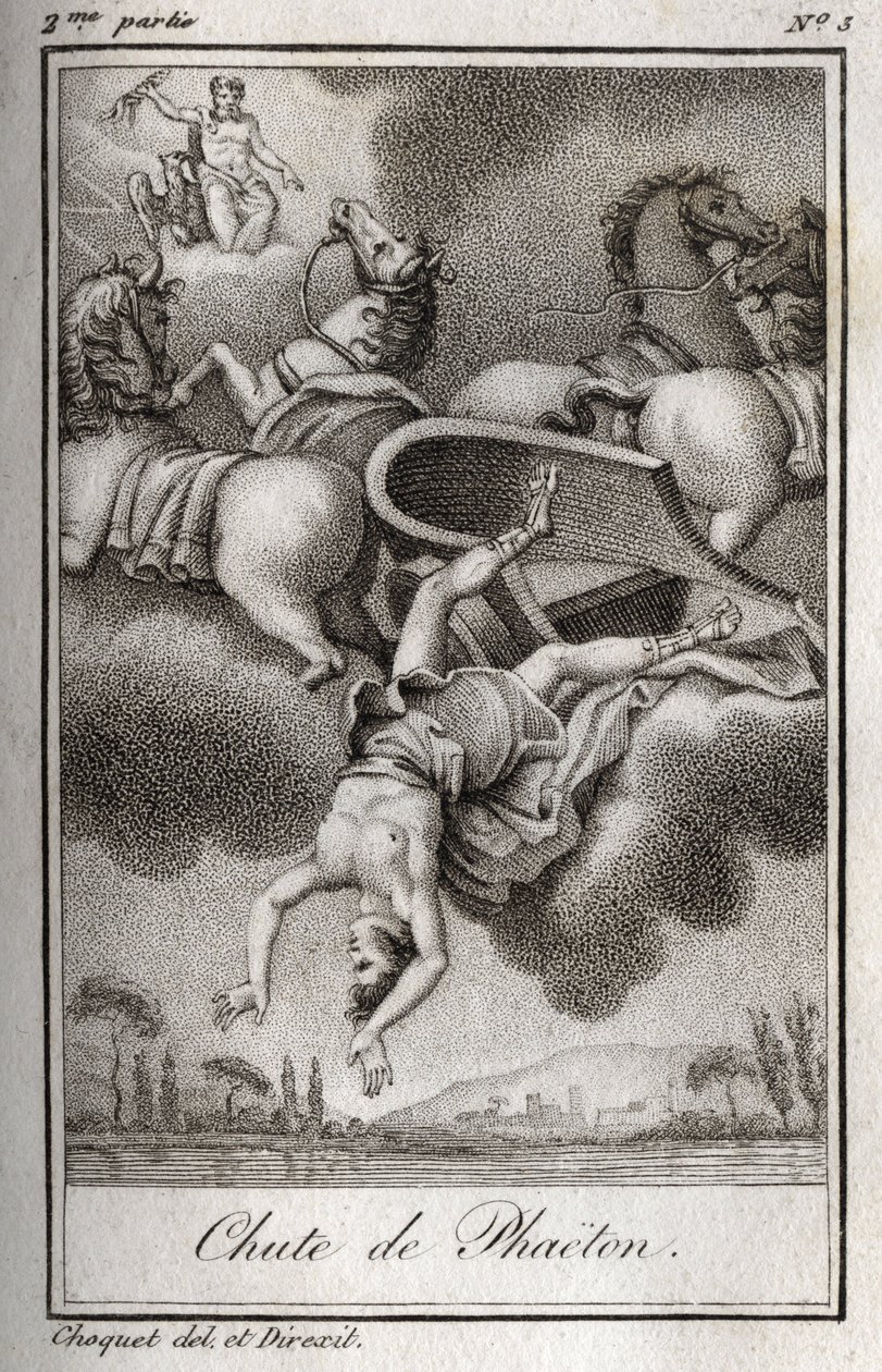 La caída de Faetón (Phaethon), incapaz de controlar el carro de Helios, fue golpeado por Zeus y cayó en el río Erídano. Grabado de 1819 en “Cartas a Emilie sobre la mitología” por Charles Albert Demoustier (1760-1801). Colección privada. de Anonymous Anonymous