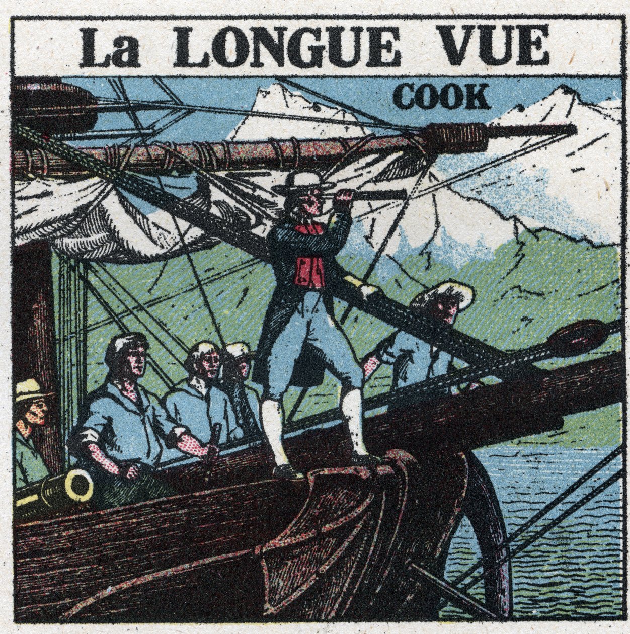 Los primeros instrumentos ópticos: el Capitán James Cook (1728-1779), en la proa de su barco, observa las tierras del sur a larga vista. Ilustración anónima de 1925. Colección privada. de Anonymous Anonymous