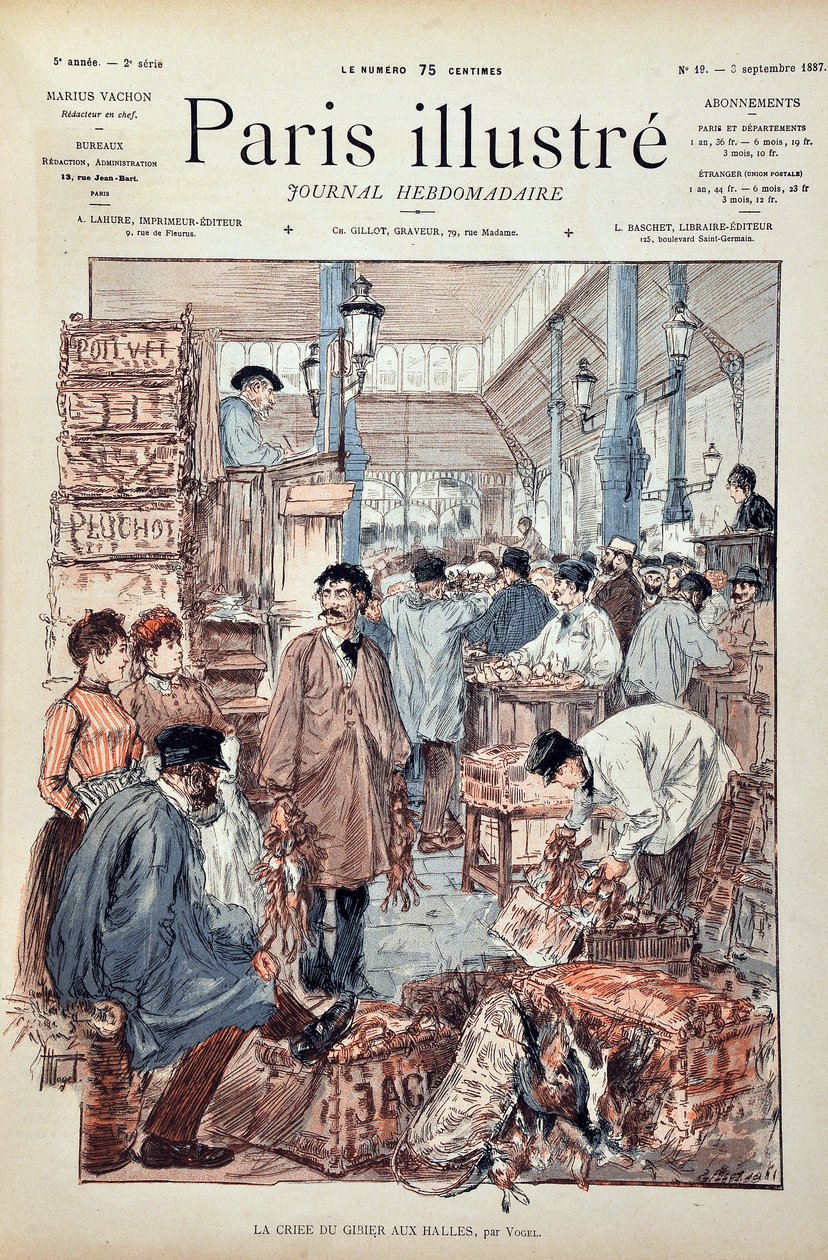El juego criee en las Halles de París en 1887. Ilustración de Hermann Vogel (1856-1918). Grabado de 1887 en 