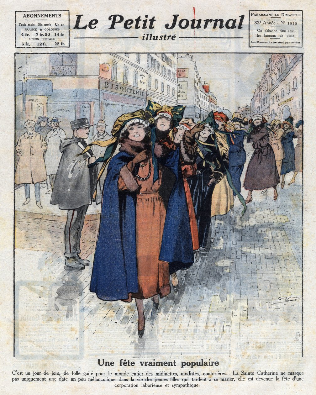 El viaje de las catherinettes, jóvenes solteras con sombreros tradicionales, en las calles de París. Ilustración tomada de “Le petit journal” del 04/12/1921. Colección privada de Anonymous Anonymous