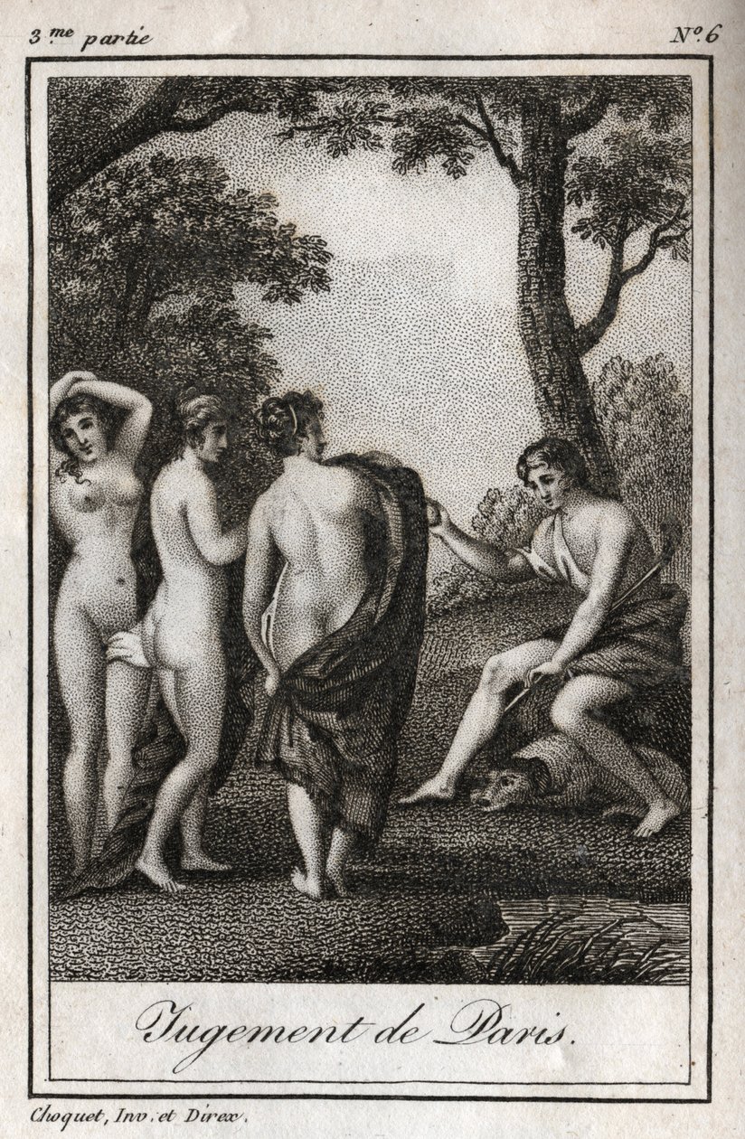 El juicio de París. El pastor París debe elegir a quién dará la manzana dorada para designar a la más bella de las tres diosas, Atenea, Afrodita o Hera. Grabado de 1819 en 
