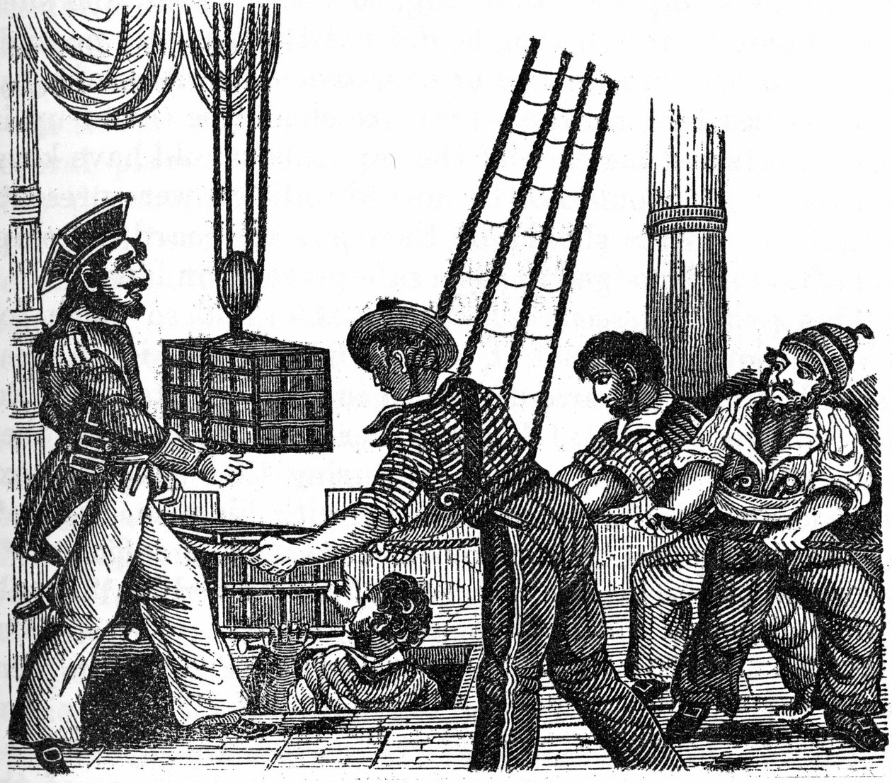 El pirata “Long Ben” John Avery (muerto en 1643) cargando tres cajas de tesoros (oro y piedras) en su barco. Grabado de “The pirate own book” 1837 de Anonymous Anonymous