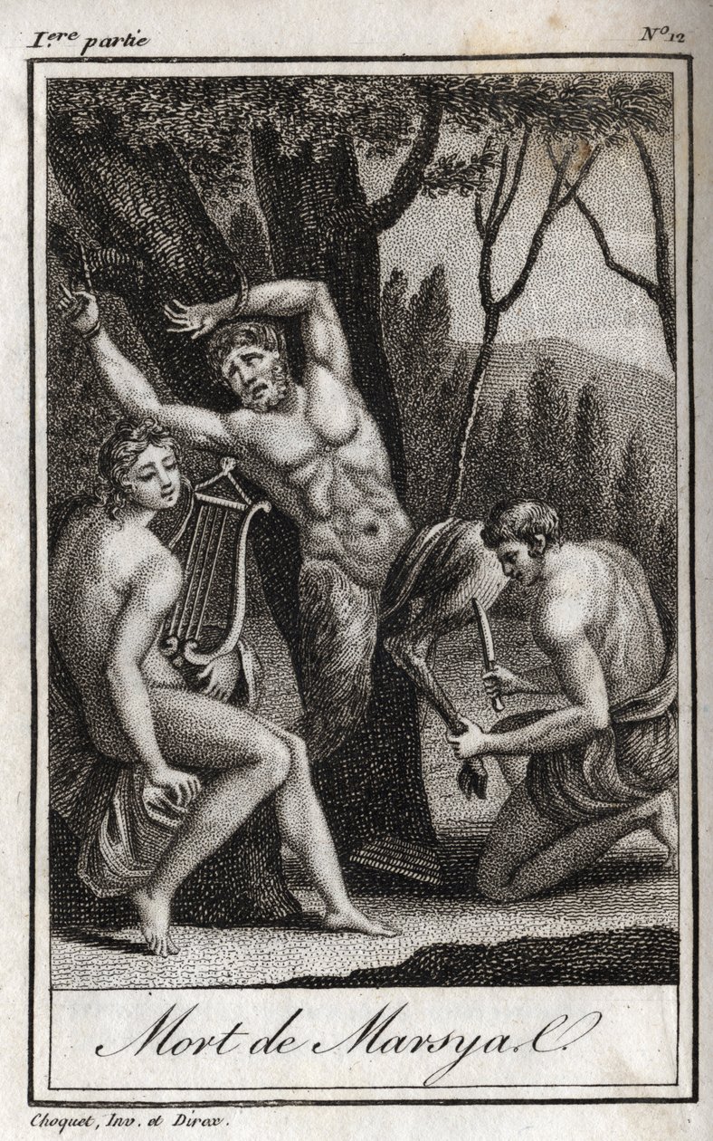 El castigo o muerte de Marsias (El castigo de Marsias) es castigado por haber desafiado a Apolo a la lira y es desollado por el Arquero en presencia del Rey Midas y las Musas. Grabado de 1819 en “Lettres a Emilie sur la mythologie” de Charles Albert Demous de Anonymous Anonymous