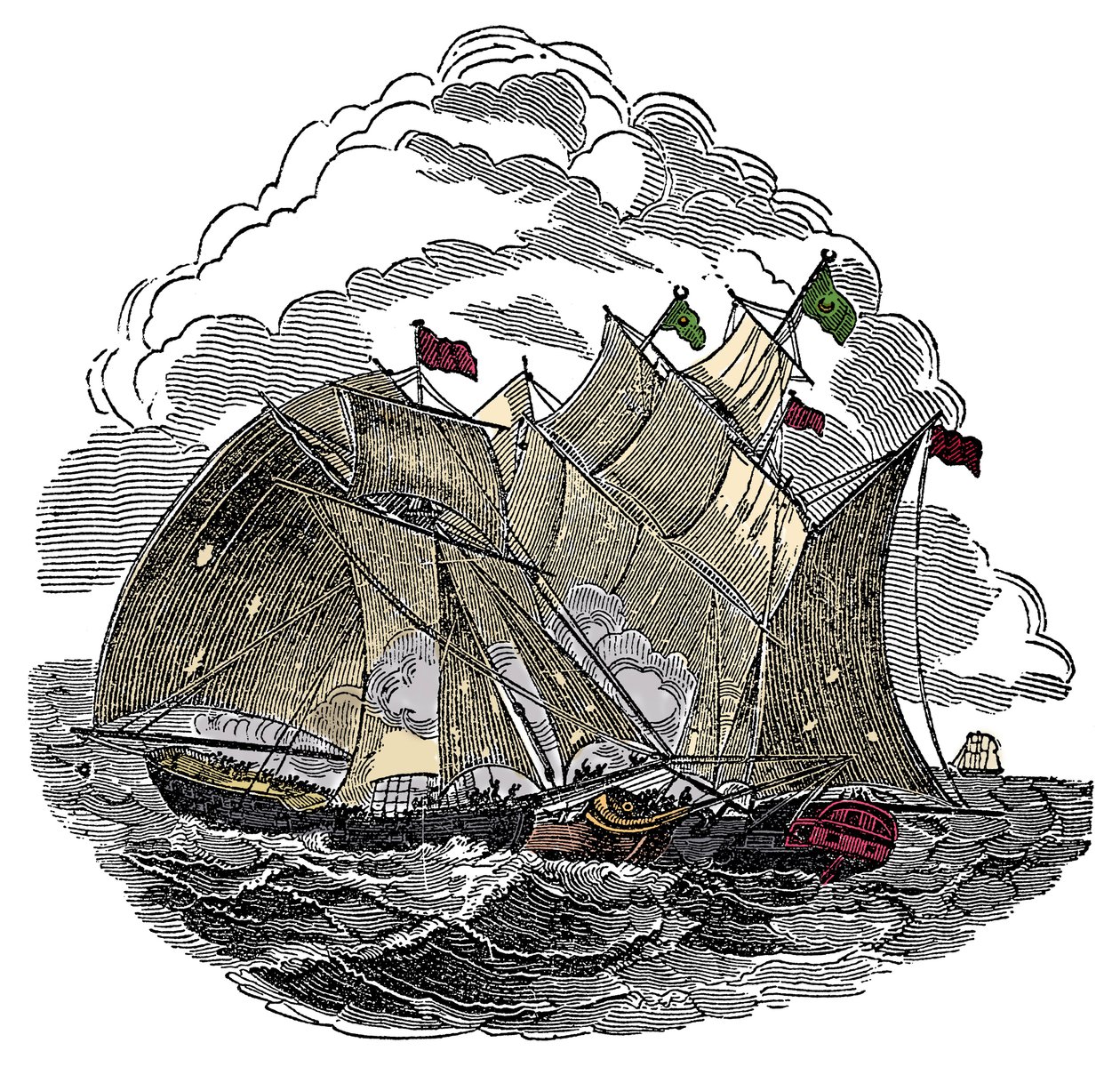 El barco del pirata Henry Every (John Avery, Long Ben, Benjamin Bridgeman) (? -1695) atacó en septiembre de 1695 la flota del gran Mogol Aurangzeb (Alamgir) frente a Surat, India. Grabado de “The Pirates Own Book” de Charles Ellms de Anonymous Anonymous