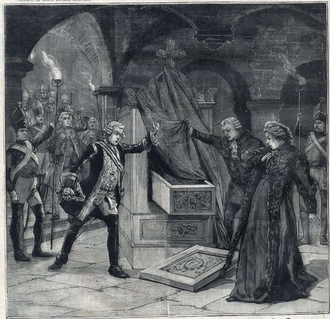 La etapa de las bodegas en la obra "Catherine de Rusia" en el teatro de Cathelet Paul Ginisty (1855-1932) y Charles Samson (1894-1895). Grabado en "Le Petro Parisien" de Anonymous Anonymous