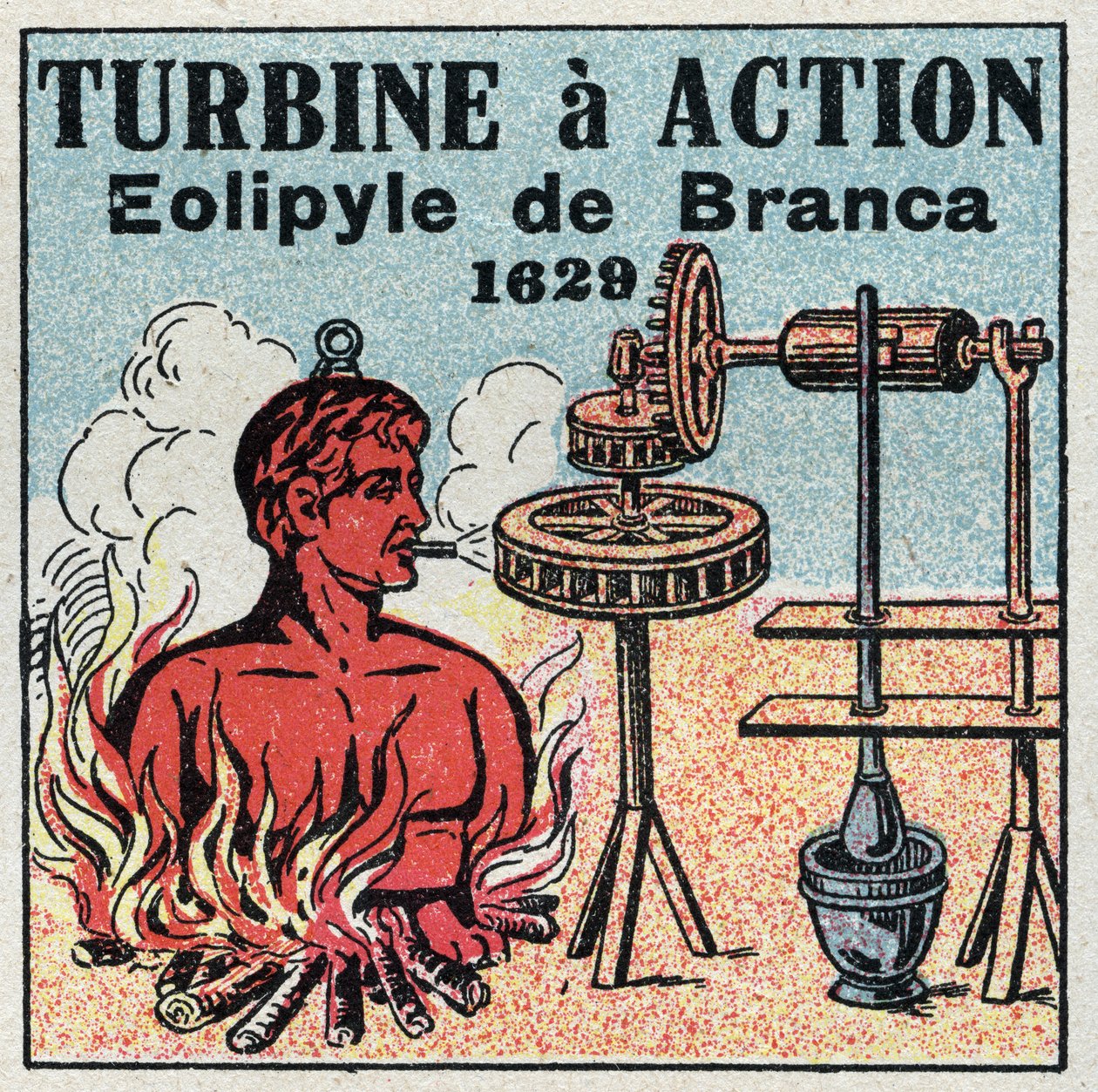 La máquina de vapor: turbina de acción. Eolipila inventada por Giovanni Branca (1571-1645) en 1629. Ilustración anónima de 1925. Colección privada. de Anonymous Anonymous