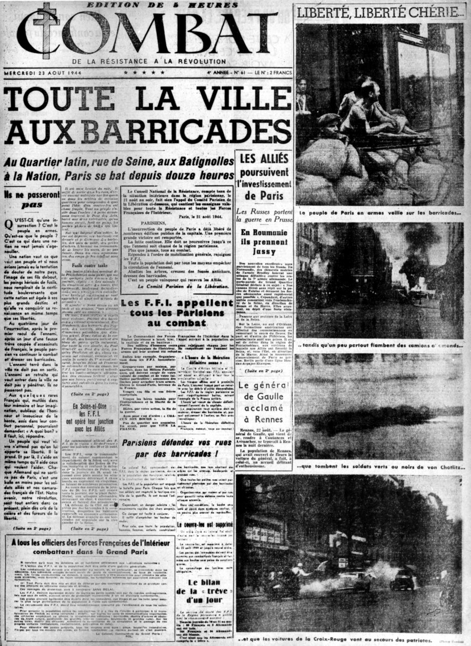 Toda la ciudad en las barricadas: liberación de París - en "Combat" del 23/08/1944, col. MDJ Bernard de Anonymous Anonymous