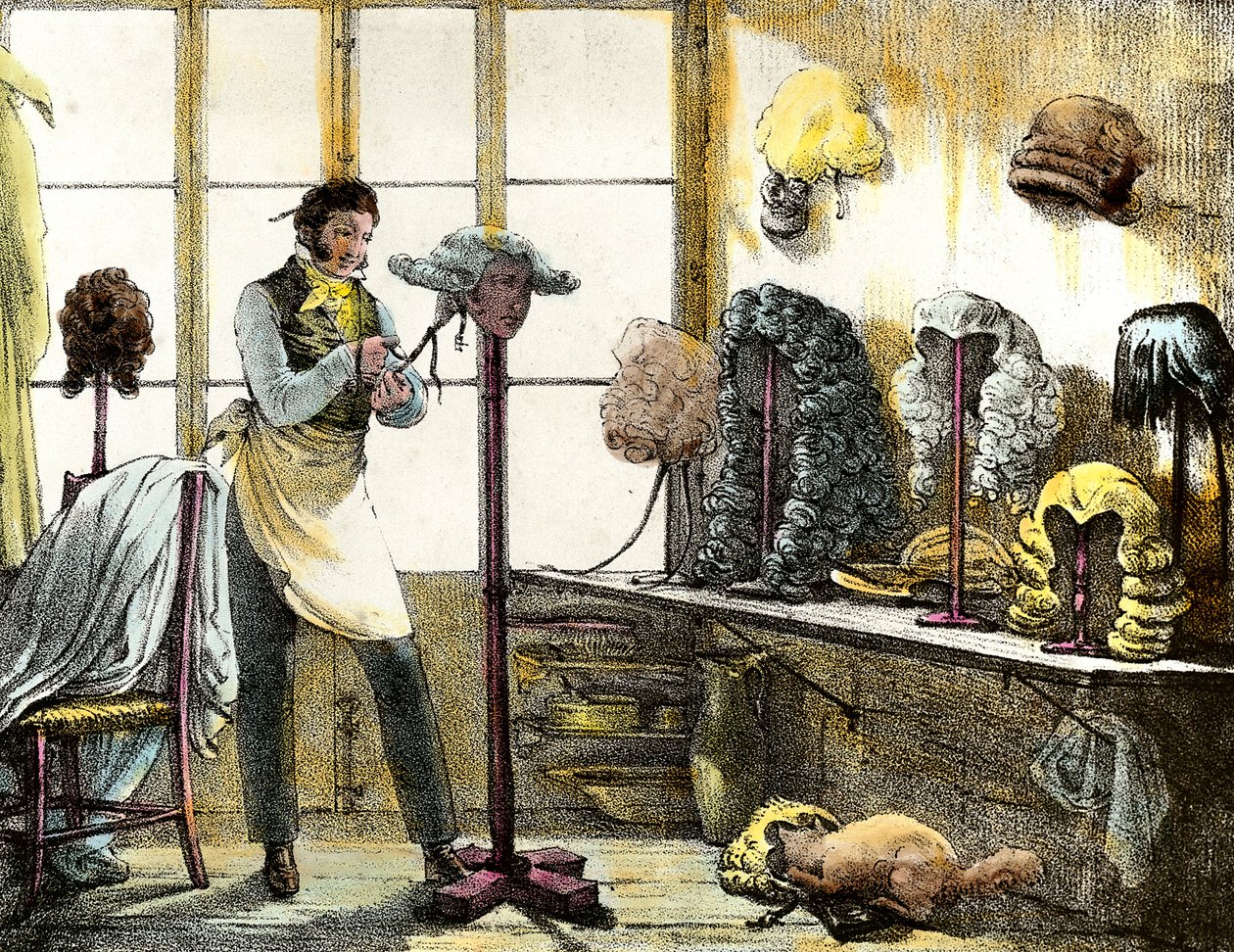 El peluquero peinando una peluca de catogan, peluquero de hombres. Grabado de Mirror shows, letters, meds, etc. The arts 1821-1823 Colección privada de Anonymous Anonymous