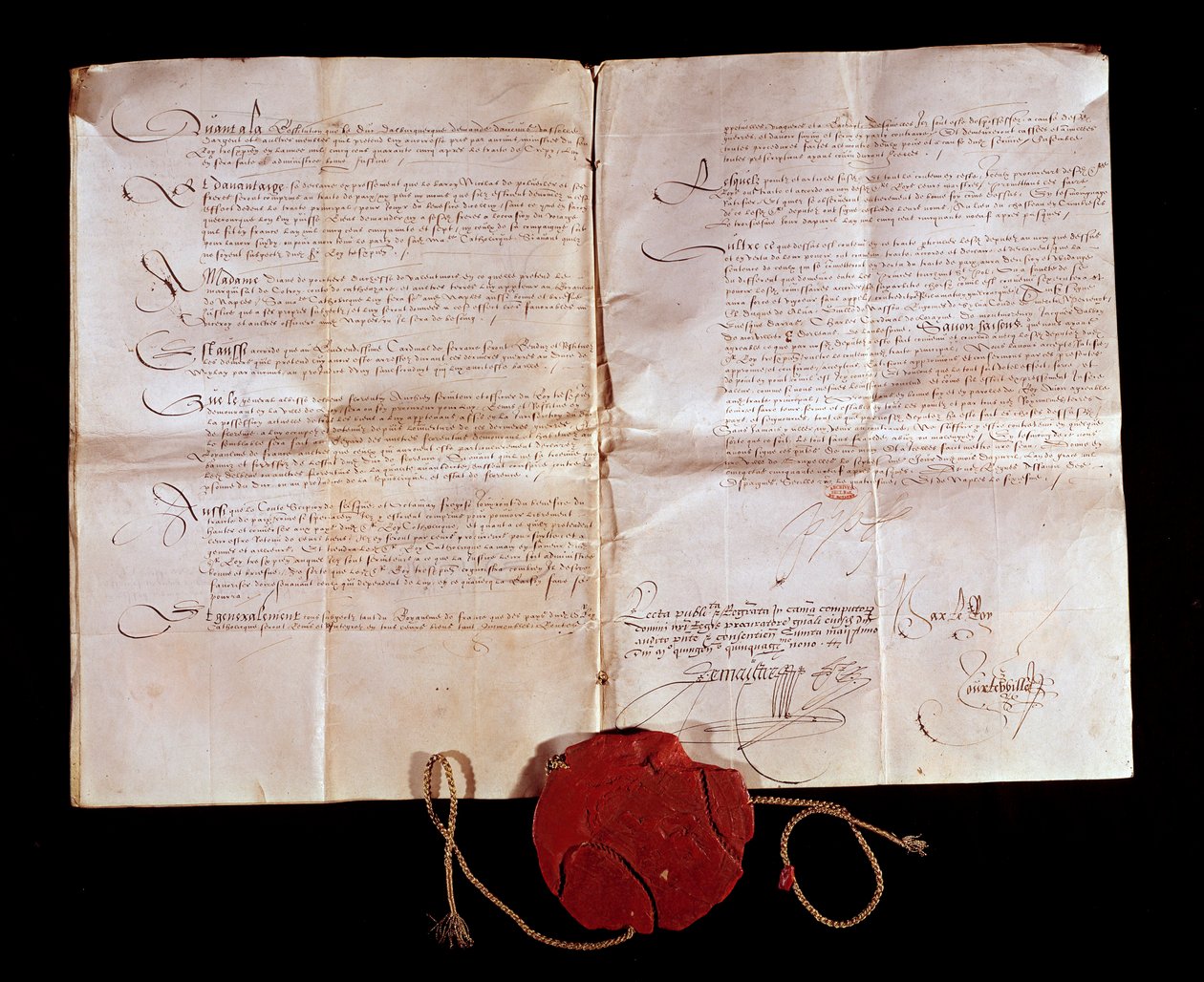Tratado de Cateau Cambresis entre Enrique II (1519-1589) y Felipe II de España el 3/04/1559. Francia devuelve sus territorios italianos a España. Este tratado puso fin a las guerras italianas. París, Archivos Nacionales de Anonymous Anonymous