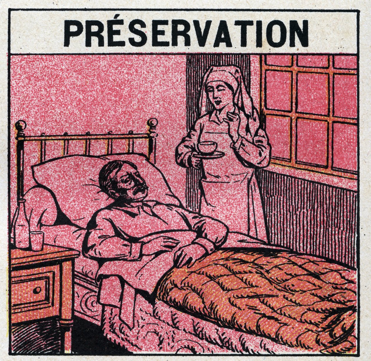 Rayos ultravioleta: para evitar cicatrices causadas por la viruela, los pacientes deben ser tratados en habitaciones o entrar solo luz roja, libre de rayos ultravioleta. Ilustración anónima de 1925. Colección privada. de Anonymous Anonymous