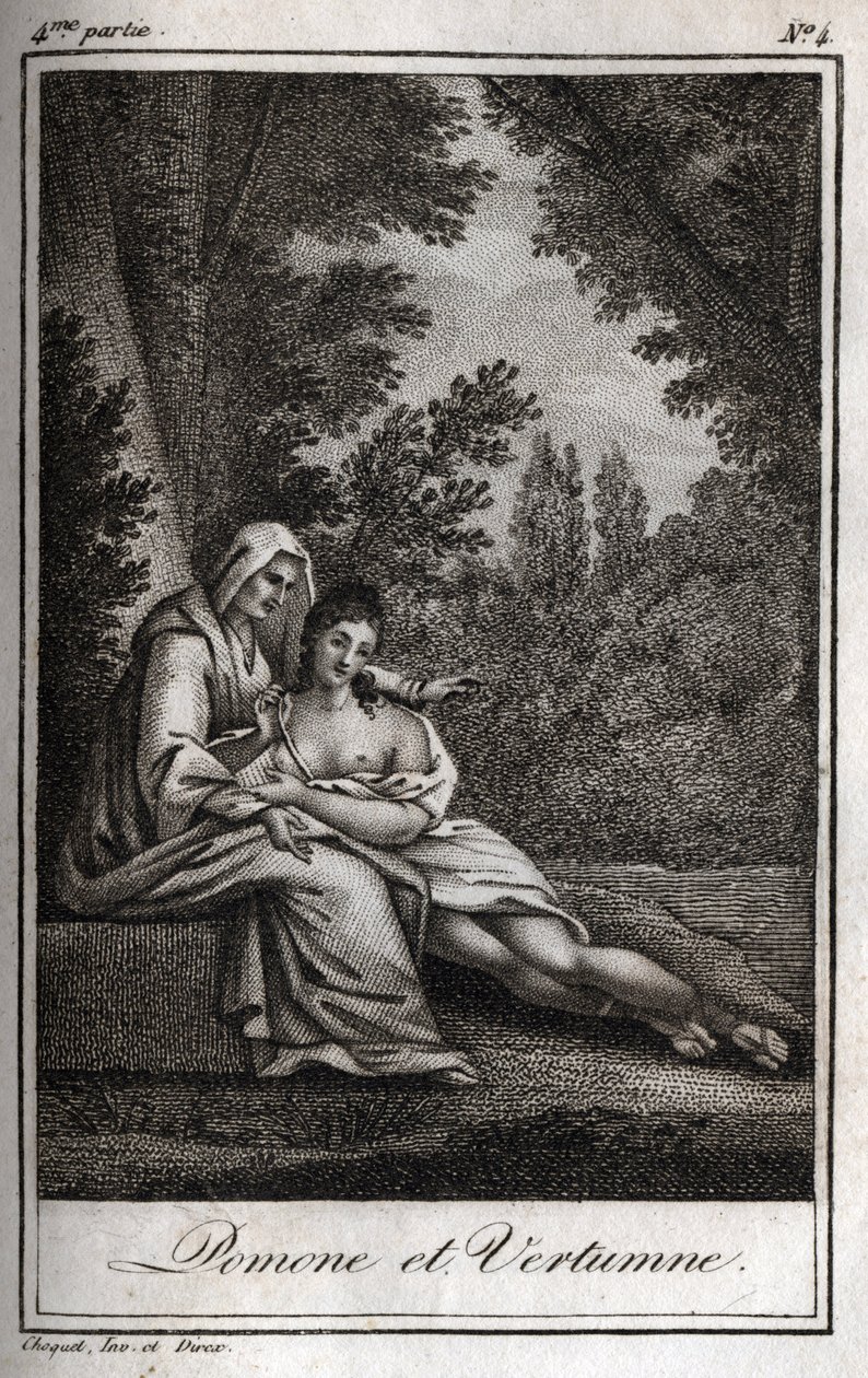 Vertumno y Pomona (Júpiter y Ceres): Vertumno, enamorado de la ninfa Pomona, se disfraza de anciana para acercarse a ella. Grabado de 1819 en "Lettres a Emilie sur la mythologie" de Charles Albert Demoustier (1760-1801). Colección privada. de Anonymous Anonymous