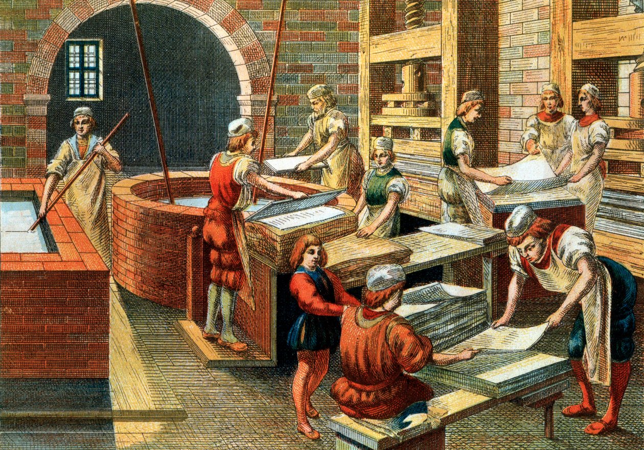 Vista de un taller de fabricación de papel en Fabriano en el siglo XVI, Italia. Los diferentes pasos. Ilustración de Anonymous Anonymous