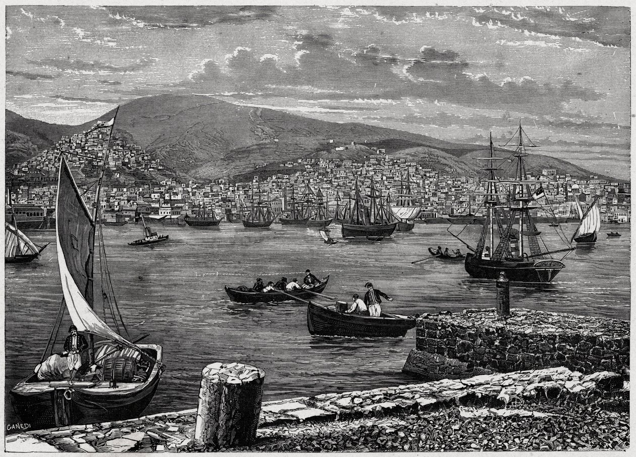 Vista de la isla de Syra en Grecia. Grabado en “Les Missions Catholiques au XIXeme Siecle” de Louis-Eugene Louvet. Colección privada. de Anonymous Anonymous