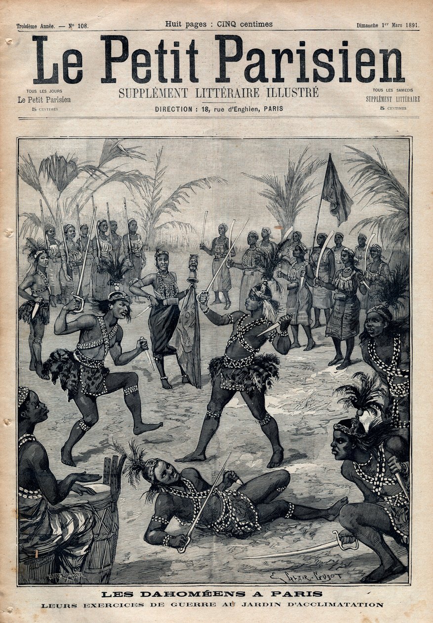 Ejercicios de guerra: Amazonas, guerreros y feticheurs dahomeanos (ahora Benín) del jardín de aclimatación en París (Zoo Humano). Grabado en “Le petit Parisien” de 1891. Colección privada. de Anonymous Anonymous