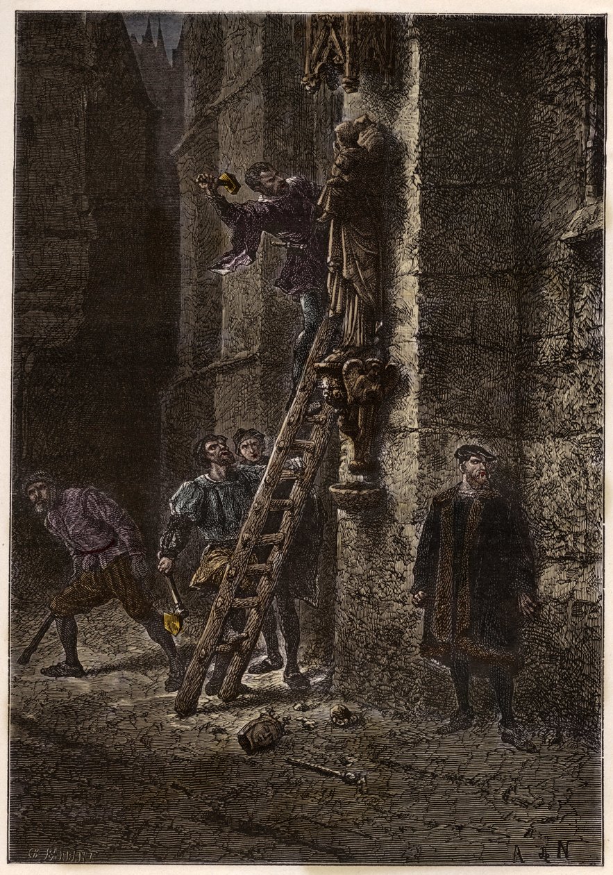 Guerra de Religiones - Iconoclasmo - Destrucción de objetos sagrados por herejes (protestantes) en el siglo XVI en Francia - Herejes iconoclastas en Francia - Furia iconoclasta - Protestantes destruyen imágenes de María y el Niño Jesús - grabado de “L