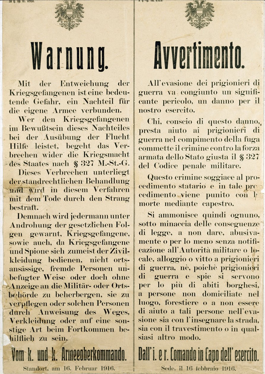 Advertencia tras la fuga de prisioneros de guerra italianos el 16 de febrero de 1916 pidiendo a la población austriaca que no los ayude de Anonymous Anonymous