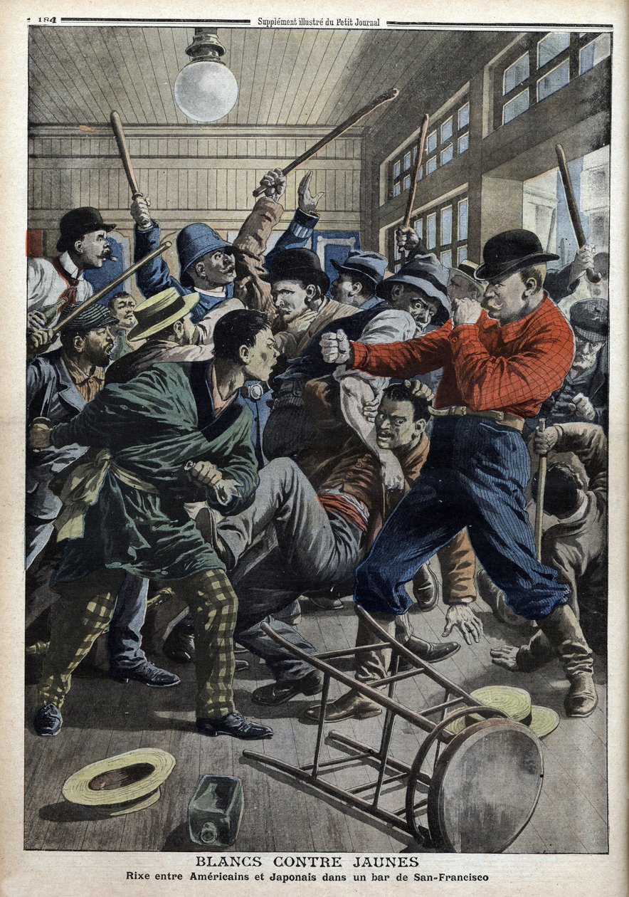 Blanco vs. Amarillo: Americanos y japoneses peleando en un bar en San Francisco (problemas debido a la expulsión de niños japoneses de las escuelas americanas), ilustración de "Le Petit Journal" del 9 de junio de Anonymous Anonymous