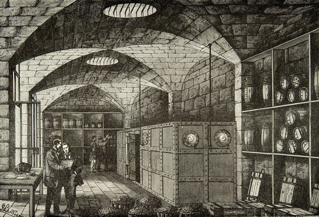 Bodegas del tesoro del Banco de Francia en el siglo XIX, Grabado, Colección Privada de Anonymous Anonymous