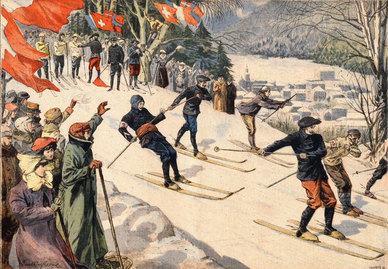 Deporte de invierno: Competencia de esquí en Chamonix en Haute Savoie en los Alpes, Francia. Banderas suizas y francesas animan a los esquiadores. Grabado del periódico "Le Petit Parisien" de Anonymous Anonymous