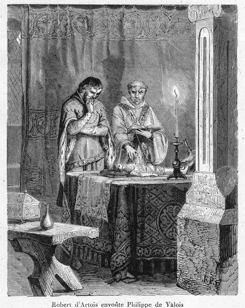 Brujería y magia negra: “El Señor Roberto III de Artois (1287-1342) encantando a Juan de Valois (Juan II, conocido como Juan el Bueno), hijo del Rey Felipe VI, en una muñeca de cera a su imagen (vudú) de Anonymous Anonymous