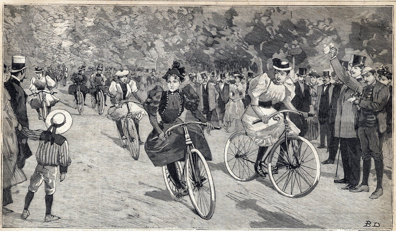 Carrera de mujeres velocipedistas en el Bois de Boulogne cerca de París. Grabado en "Le Petit Parisien" el 25/06/1893. de Anonymous Anonymous