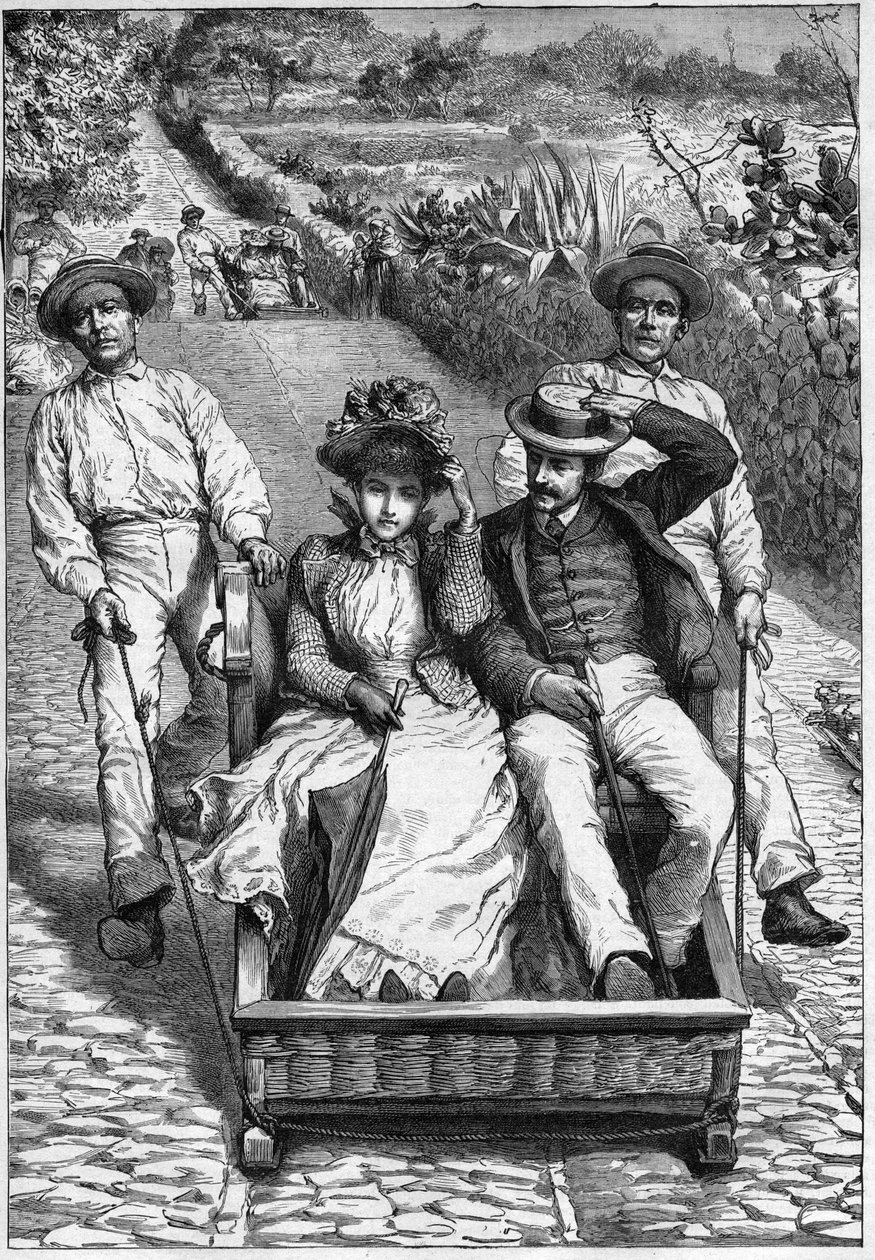 carros de cesto en Madeira 1893 - Les corinhos (carrieros) en Madeira - hombres guiando un asiento de dos plazas sobre ruedas (un corinho). grabado en “Journal des voyages” 1893 de Anonymous Anonymous