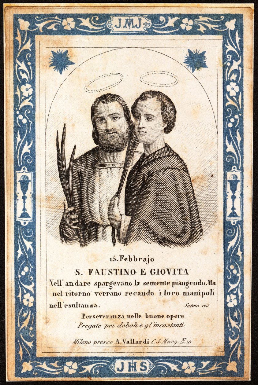 Los mártires San Faustino y San Jovita. Imagen piadosa. Postal. Principios del siglo XX. Colección privada de Anonymous Anonymous
