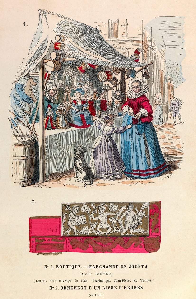 Una tienda de juguetes en el siglo XVII / un ornamento de un libro de horas en el siglo XVI de Anonymous Anonymous