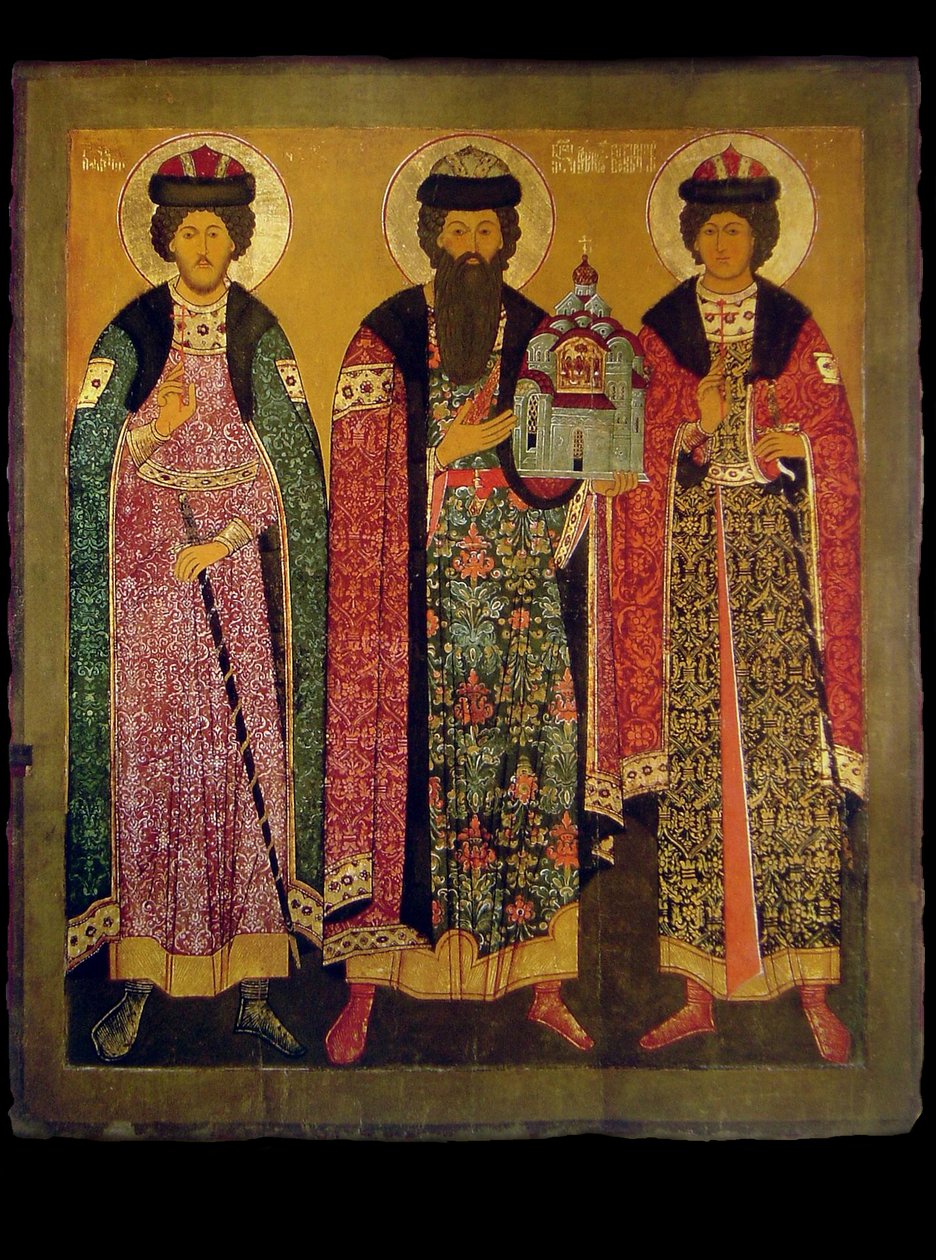 San Vsevolod Mstislavich, Príncipe de Pskov con Santos Boris y Gleb, principios del siglo XVII de Anonymous Russian icon painter