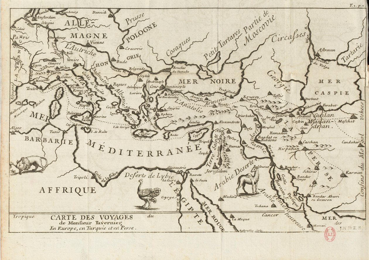 Mapa de los viajes de Tavernier en Europa, Persia, Turquía de Anonymous master.