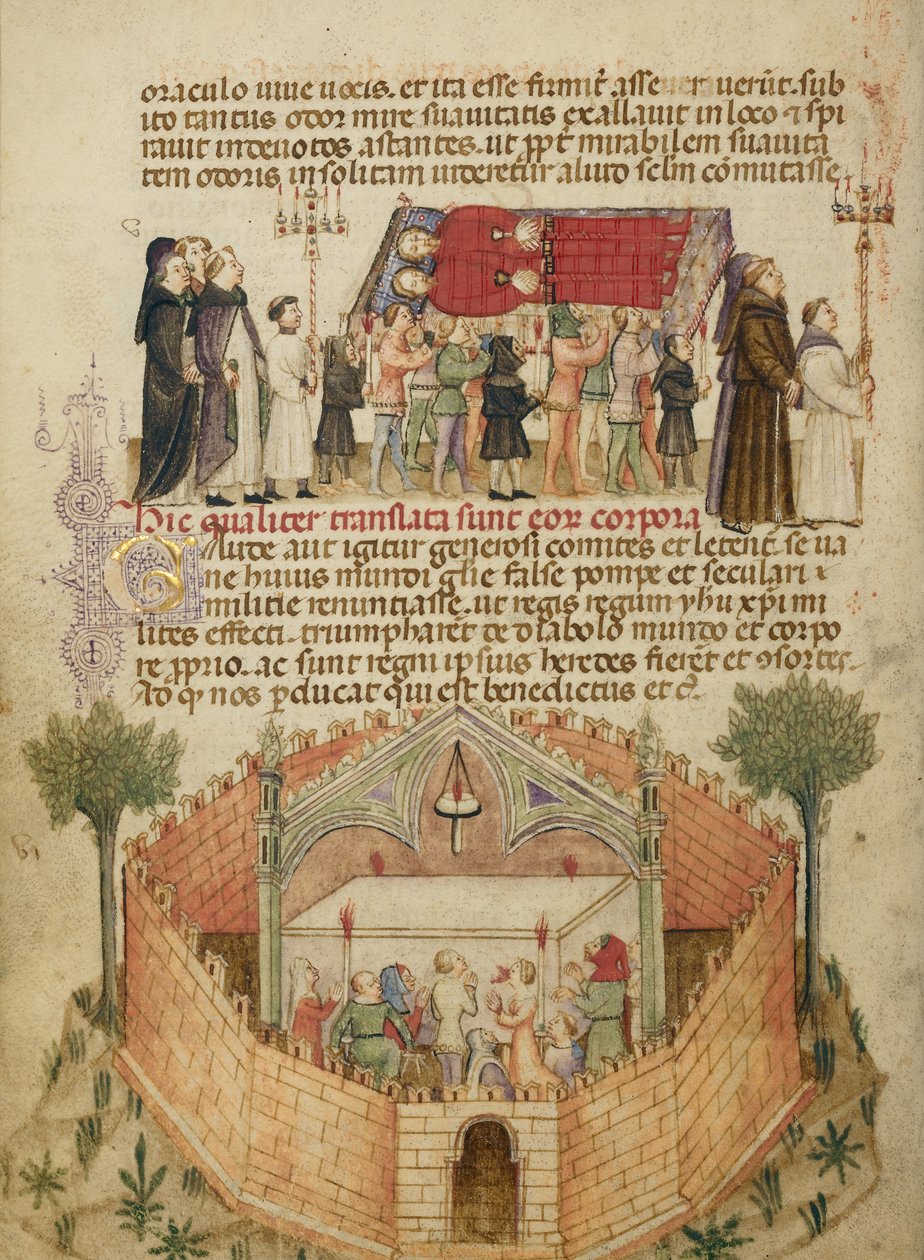 Traslado de los cuerpos de Aimo y Vermondo; el pueblo de Milán reza ante el altar donde están enterrados Aimo y Vermondo de Anovelo da Imbonate