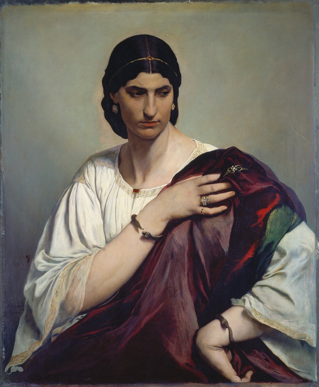 Lucrecia Borgia; Retrato de una mujer romana con túnica blanca y manto rojo de Anselm Feuerbach