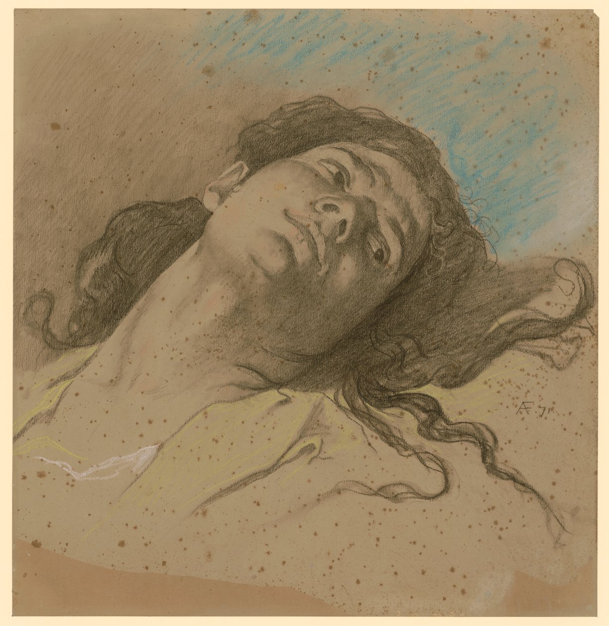 Estudio de cabeza femenina, reclinada, con el cabello suelto de Anselm Feuerbach