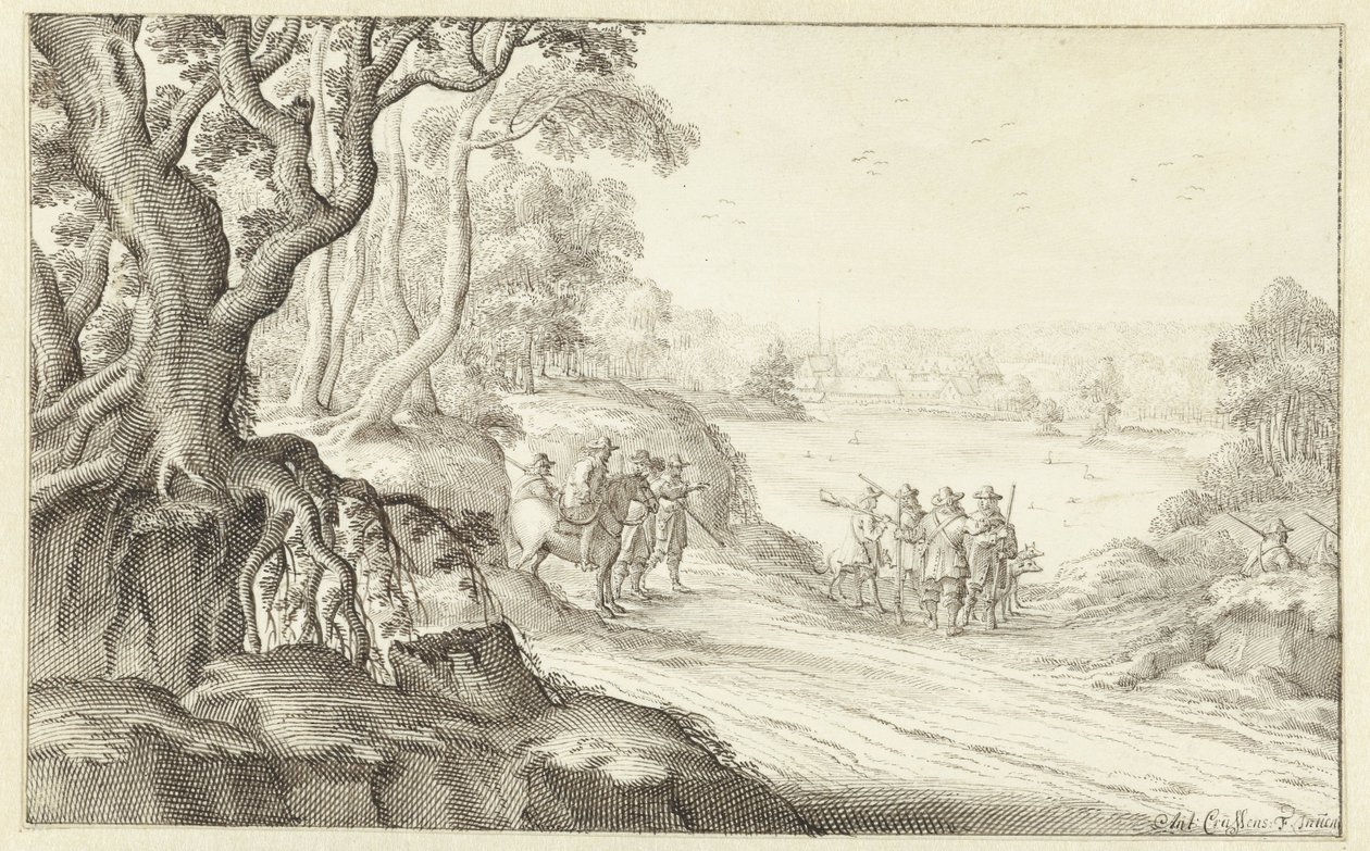 Cazadores en un paisaje montañoso, Abadía de Groenendaal en Bruselas al fondo de Anthonie Crussens