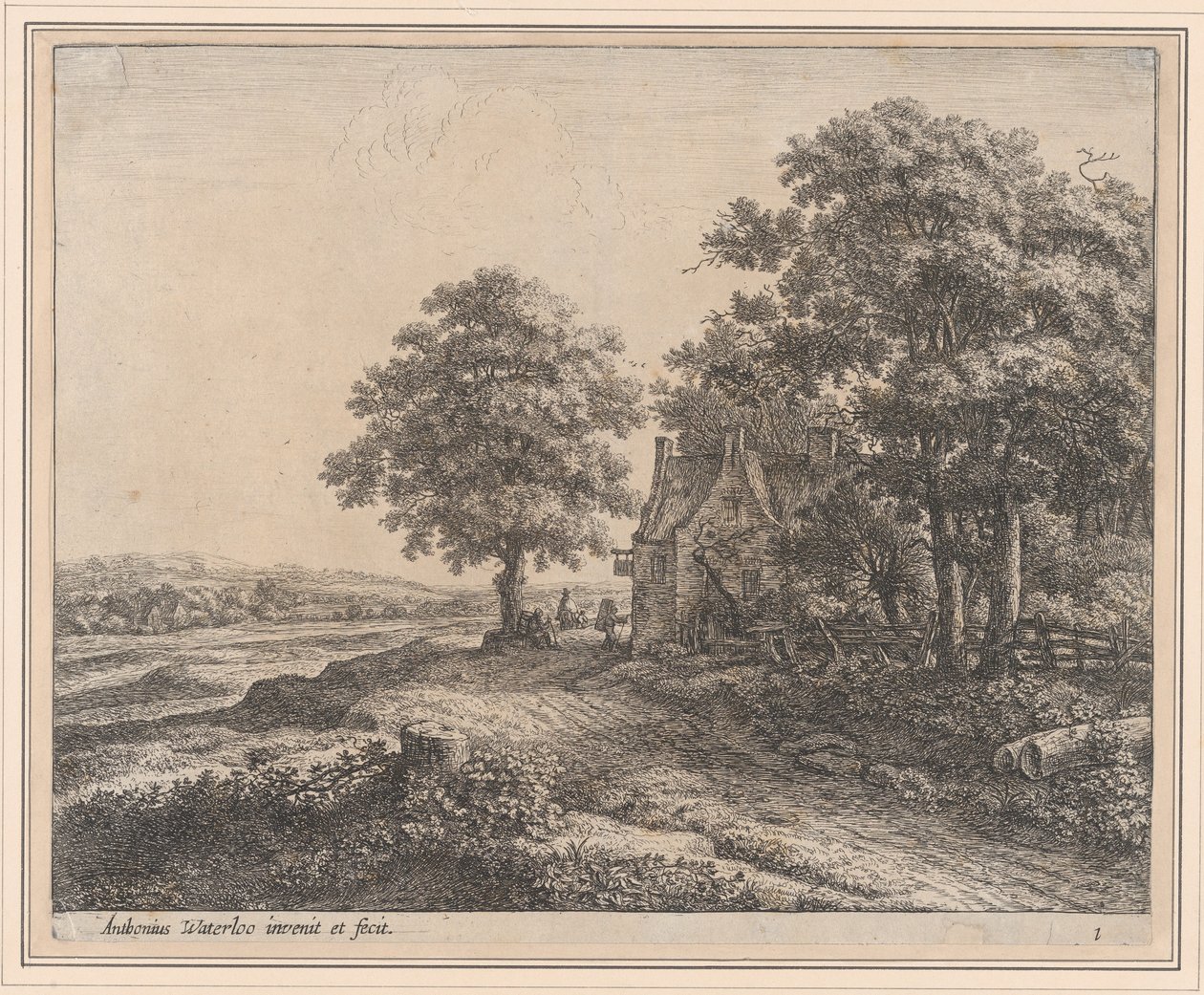 Un gran árbol de tilo frente a una posada de Anthonie Waterloo