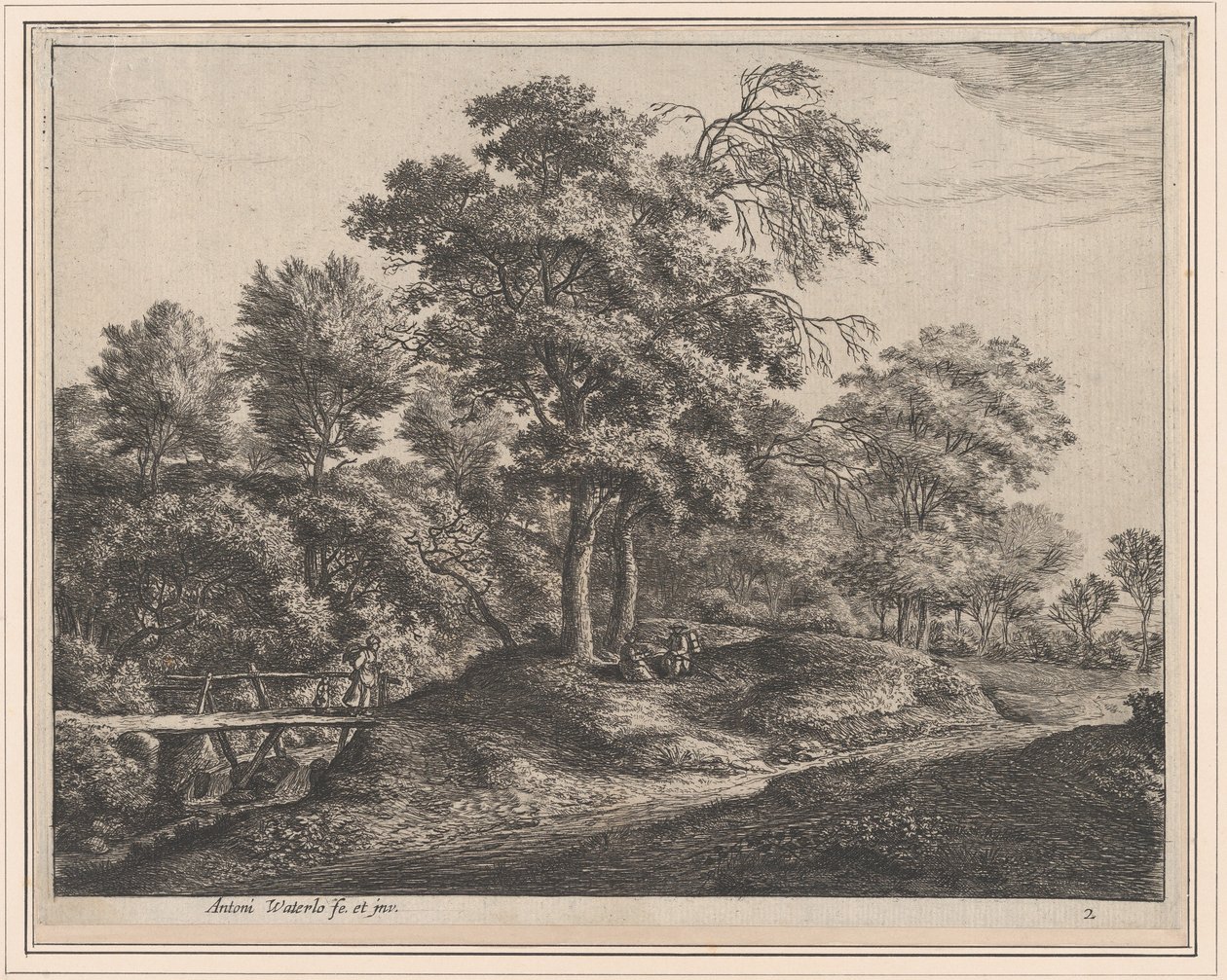 Una campesina y su hija en un pequeño puente de madera, siglo XVII de Anthonie Waterloo