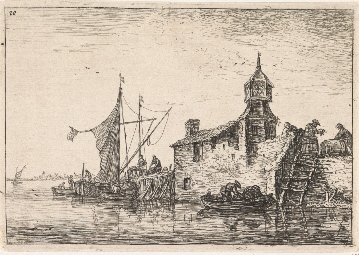 Embarcadero junto a un edificio con una torre de Anthonie Waterloo