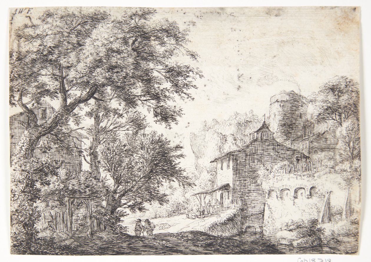 Muralla de la ciudad con una posada de Anthonie Waterloo