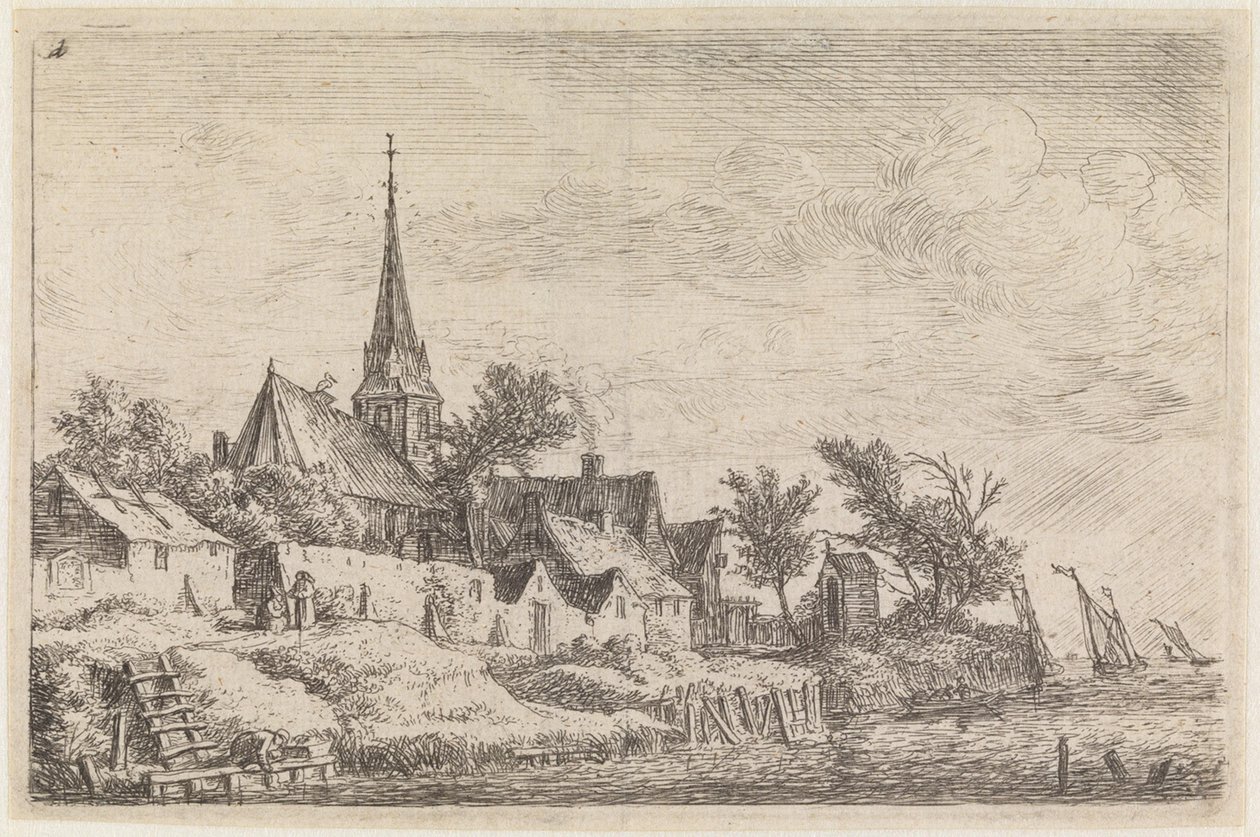 Pueblo con una iglesia de torre puntiaguda a orillas del mar (n.º 4 de una serie de 12 estampas) de Anthonie Waterloo