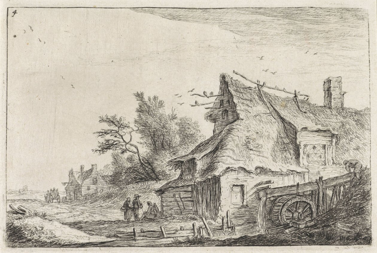 Vista del pueblo con un molino de agua Paisajes con edificios (título de la serie) de Anthonie Waterloo