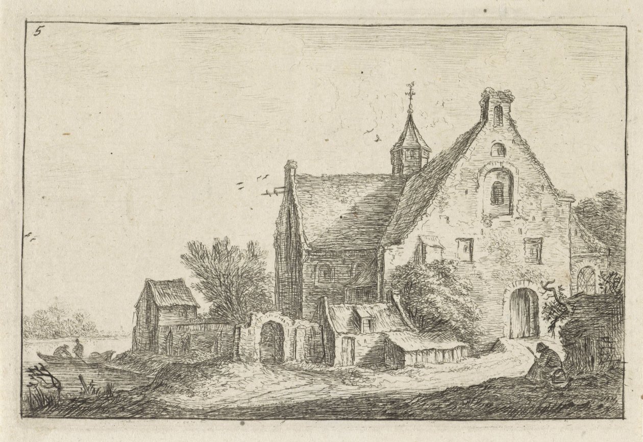 Iglesia del pueblo sobre el agua Paisajes con edificios (título de la serie) de Anthonie Waterloo